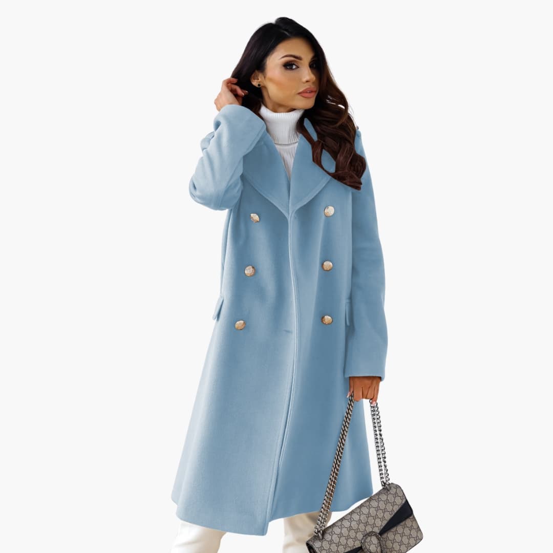 Casey - Women’s Long Coat with Lapel Collar and Double Row Button Closure