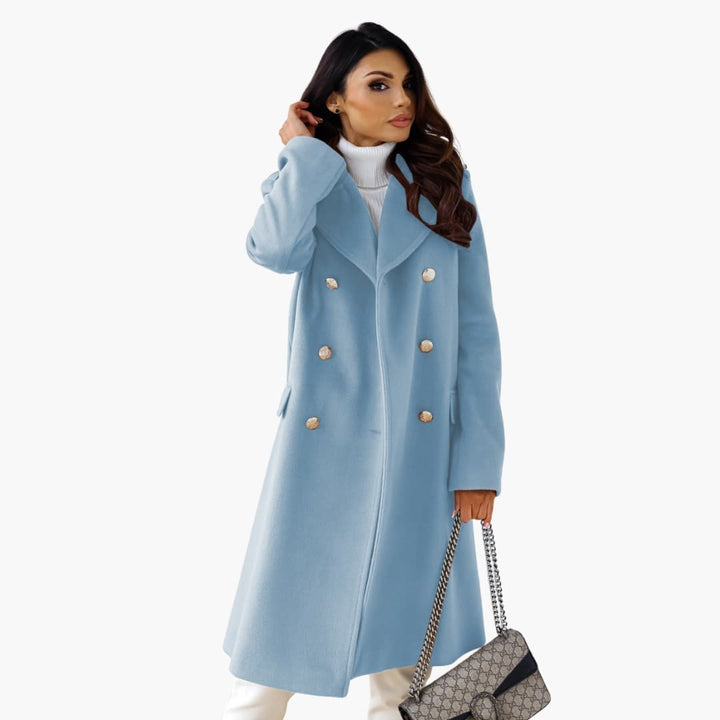 Casey - Women’s Long Coat with Lapel Collar and Double Row Button Closure