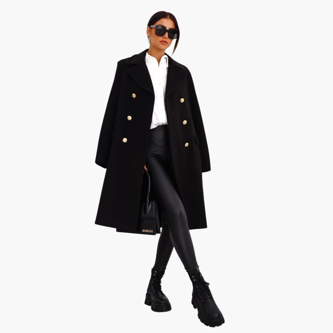 Casey - Women’s Long Coat with Lapel Collar and Double Row Button Closure