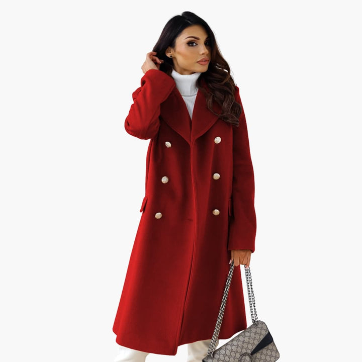 Casey - Women’s Long Coat with Lapel Collar and Double Row Button Closure