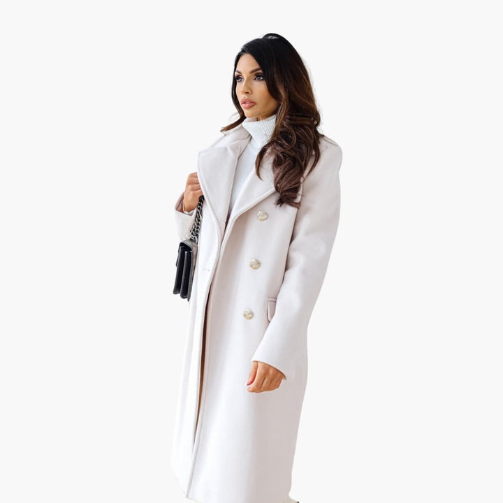 Casey - Women’s Long Coat with Lapel Collar and Double Row Button Closure