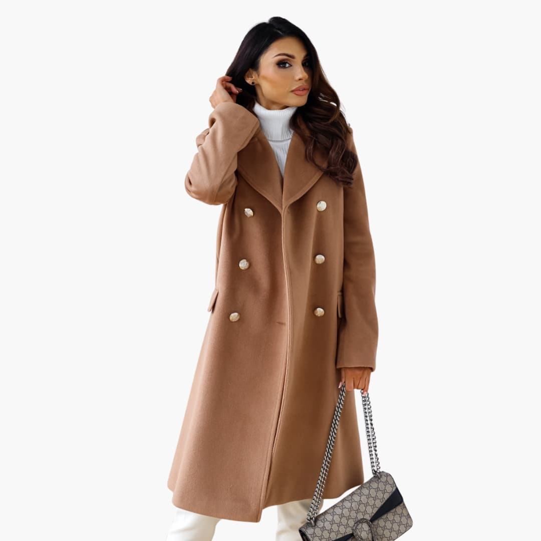 Casey - Women’s Long Coat with Lapel Collar and Double Row Button Closure