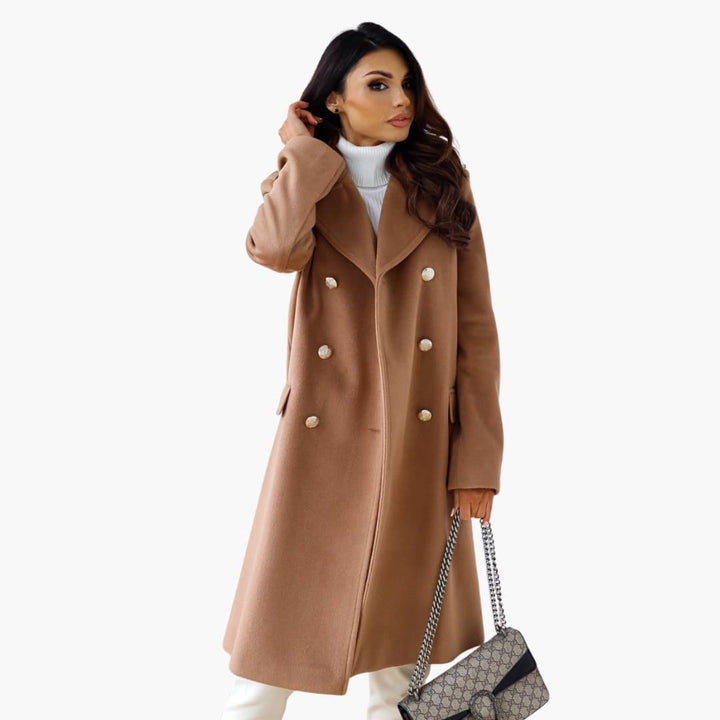 Casey - Women’s Long Coat with Lapel Collar and Double Row Button Closure